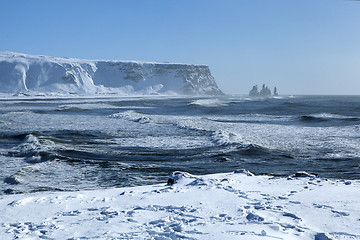 Image showing Wide lens capture of the three pinnacles of Vik, Iceland in wint