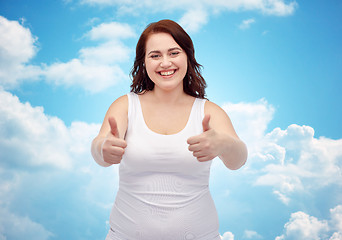 Image showing plus size woman in underwear showing thumbs up