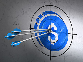 Image showing Currency concept: arrows in Dollar Coin target on wall background