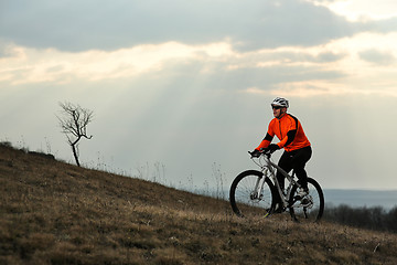 Image showing Man cyclist with backpack riding the bicycle