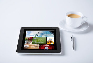 Image showing tablet pc with news application and coffee cup