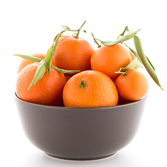 Image showing Tangerines on ceramic brown  bowl 