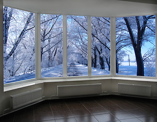 Image showing windows overlooking the winter road with trees in hoarfrost