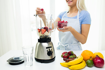 Image showing close up of woman with blender making fruit shake