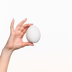 Image showing Hand holding a egg on white background