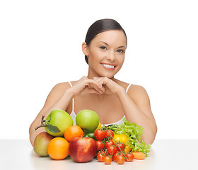 Image showing happy woman with lot of fruits and vegetables