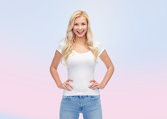 Image showing happy young woman or teenage girl in white t-shirt