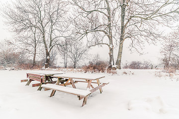 Image showing Benches in the snow at wintertime