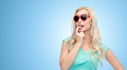 Image showing happy young blonde woman or teenager in sunglasses