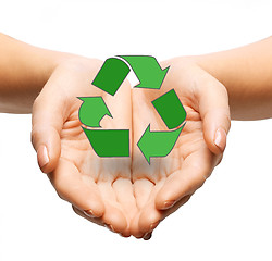 Image showing close up of hands holding green recycling sign