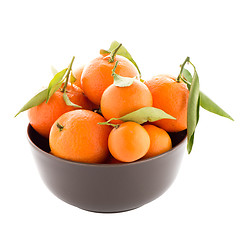 Image showing Tangerines on ceramic brown  bowl 