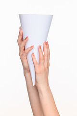 Image showing The white cone in the  female hands on white background