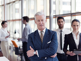 Image showing portrait of senior businessman as leader  with staff in backgrou