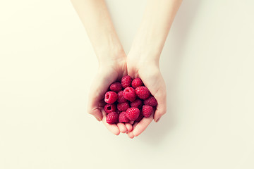 Image showing close up of woman hands holding raspberries