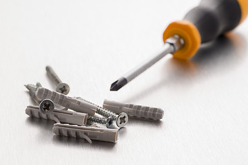 Image showing Screwdriver, screws and plastic dowels