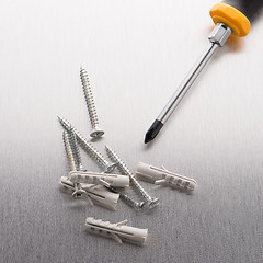 Image showing Screwdriver, screws and plastic dowels