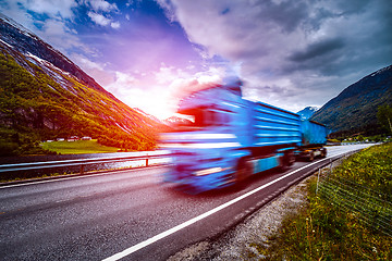 Image showing Truck and highway at sunset