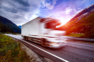 Image showing Truck and highway at sunset