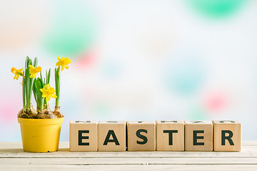 Image showing Daffodils on a table with the word easter