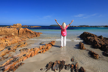 Image showing Love Vacation Love Summer at Beach, female arms raised happiness