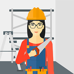 Image showing Smiling worker with saw.