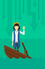 Image showing Business woman standing in sinking boat.