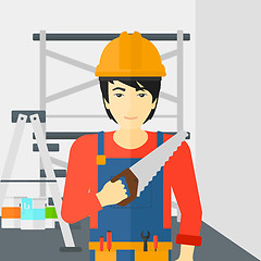 Image showing Smiling worker with saw.