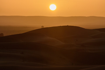 Image showing Sunset over the dunes, Morocco, Sahara Desert