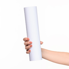 Image showing The cylinder female hands on white background