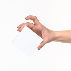 Image showing Female hand holding blank paper for records on white.