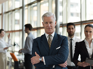 Image showing portrait of senior businessman as leader  with staff in backgrou