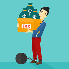 Image showing Chained man with bags full of taxes. 