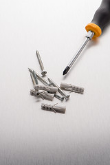 Image showing Screwdriver, screws and plastic dowels