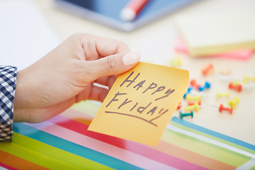 Image showing Happy Friday text on adhesive note