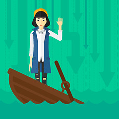 Image showing Business woman standing in sinking boat.