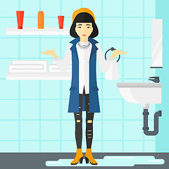 Image showing Woman in despair standing near leaking sink.