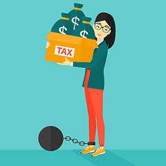 Image showing Chained woman with bags full of taxes. 