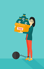 Image showing Chained woman with bags full of taxes. 