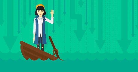 Image showing Business woman standing in sinking boat.