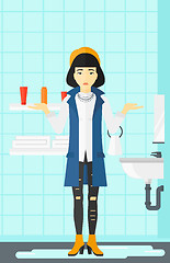 Image showing Woman in despair standing near leaking sink.