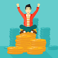 Image showing  Happy businessman sitting on coins.