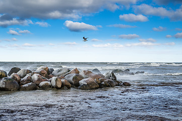 Image showing Sea waves breaking on the rocks, seascape