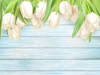 Image showing White tulips on turquoise wooden back. EPS 10