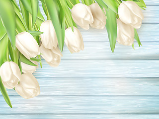 Image showing Fresh white tulips on wood planks. EPS 10