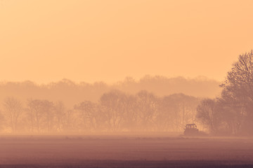 Image showing Misty morning with a tractor on a field