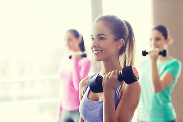 Image showing group of happy women with dumbbells in gym