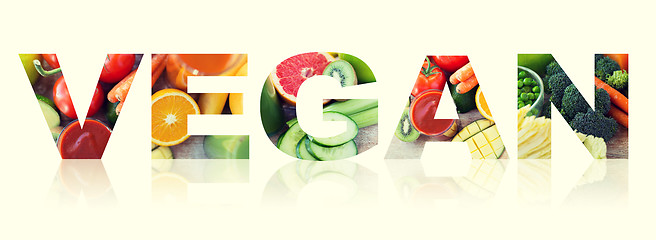 Image showing vegan word of fruits and vegetables background