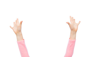 Image showing close up of little child hands raised upwards