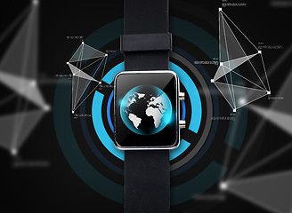Image showing close up of black smart watch with world globe