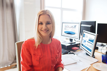 Image showing happy creative female office worker with computers